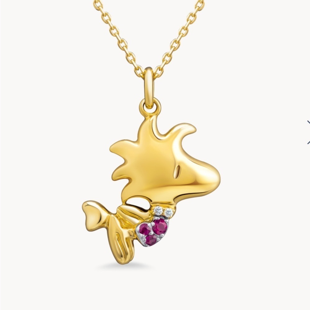 14K Gold Over Sterling Silver Peanuts Woodstock Pendant Necklace Ruby & Diamond